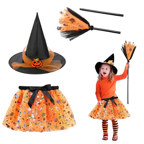 KQWVZ Hexenkostüm Mädchen, Halloween Hexenkostüm Kinder mit Hexenhut und Besen, Hexe Kostüm Kinder, Witch Costume Kids, Tütü Hexen Verkleidung Set für Halloween Party Maskerade Karneval von KQWVZ
