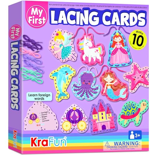 KRAFUN Einhorn-Schnürkarten-Set für Kinder ab 3 Jahren, 10 Anfänger-Projekte mit Prinzessin, Meerjungfrau, Schloss, Anleitung, Feinmotorik-Spielzeug von KRAFUN
