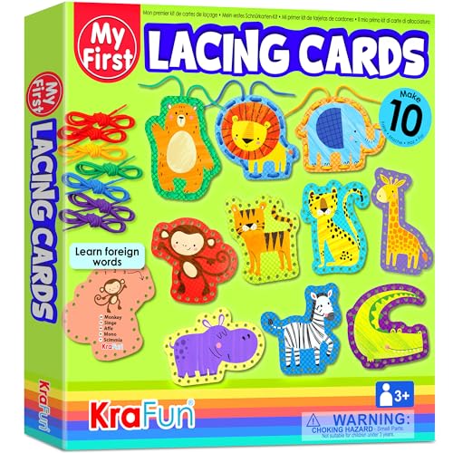 KRAFUN Safari-Tier-Schnürkarten-Set für Kinder ab 3 Jahren, 10 Anfänger-Projekte mit Löwe, Elefant, Tiger, Anleitung, Feinmotorik-Spielzeug von KRAFUN