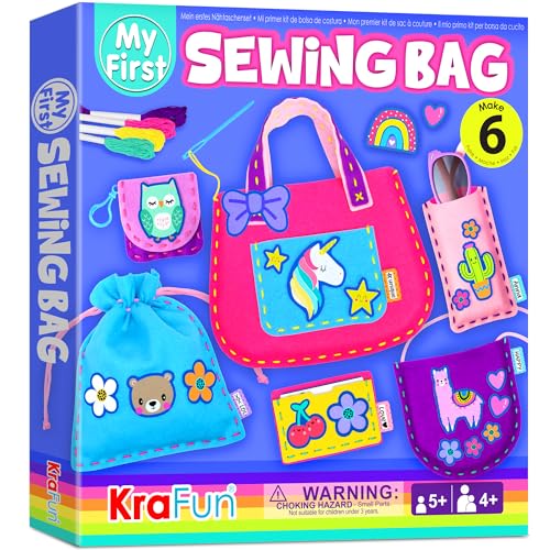 KRAFUN Kinder-Nähset für Anfänger ab 5 Jahren, 6 Tier-Handtaschenprojekte (Handtasche, Beutel, Kartenhalter, Hülle, Einkaufsbeutel), Plüschfilz, Anleitung, Lernspielzeug von KRAFUN