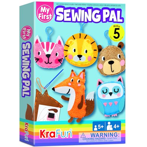 KRAFUN Kinder-Nähset für Anfänger ab 5 Jahren, 5 Tierprojekte (Eule, Katze, Fuchs, Löwe, Teddybär), Plüschfilz, Schlüsselanhänger, Anleitung, Lernspielzeug von KRAFUN
