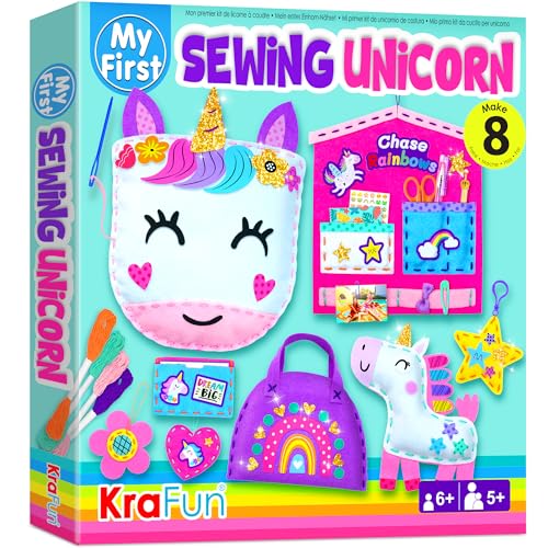 KRAFUN My First Sewing Unicorn Nähset für Kinder, Kunst- und Bastelarbeiten für Anfänger, 5 niedliche Projekte mit Plüschtier, Kissen, Mobile, Schlüsselring und Tasche, Anleitung und Filz von KRAFUN