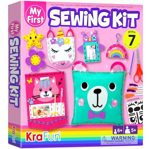 KRAFUN Einhorn Nähset für Kinder ab 5 Jahren, 7 Anfänger-Bastelprojekte mit Puppen, Kissen, Filzmaterialien, Anleitung, Wiederverwendbare Box, Lernspielzeug von KRAFUN