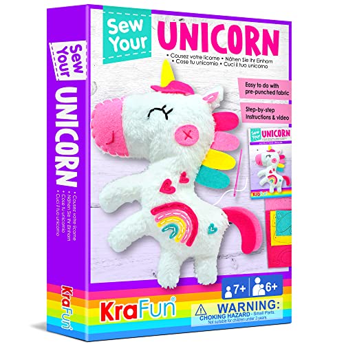 KRAFUN Kinder-Nähset für Anfänger ab 7 Jahren, Einhorn-Stoftpuppe, Plüschfilz, Anleitung, Wiederverwendbare Box, Lernspielzeug zum Nähen und Sticken von KRAFUN