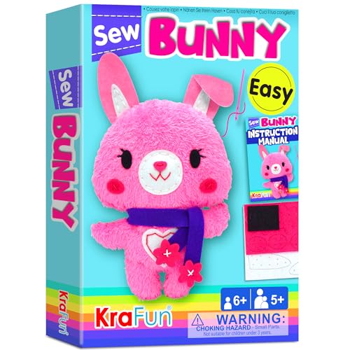 KRAFUN Kinder-Nähset für Anfänger ab 7 Jahren, Häschen-Stoftpuppe, Plüschfilz, Anleitung, Wiederverwendbare Box, Lernspielzeug zum Nähen und Sticken von KRAFUN