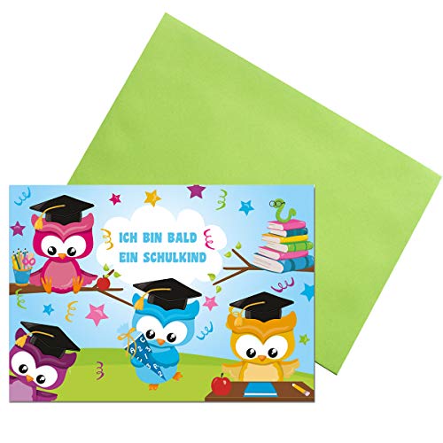 KREATIVES HERZ Einladungskarten zur Einschulung Schulanfang EULEN Einladungen (A6) für Jungen und Mädchen (10 Karten + farbige Umschläge) von KREATIVES HERZ