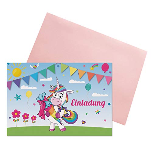 KREATIVES HERZ Einladungskarten zur Einschulung Schulanfang Einhorn Einladungen (A6) für Jungen und Mädchen (10 Karten + farbige Umschläge) von KREATIVES HERZ
