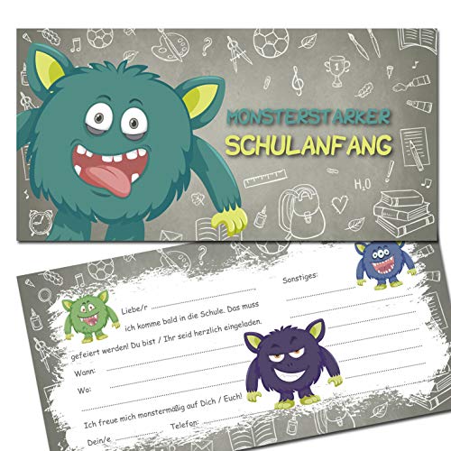 KREATIVES HERZ - Monster Einladungskarten zur Einschulung 10er Set Einladungen Schulanfang Karten 1.Schultag Kinder Schüler Mädchen und Jungen (10 Karten) von KREATIVES HERZ