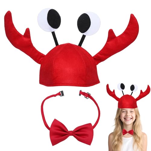 KRENIE Krabben-Hummer-Hut mit Fliege, verstellbar, lustiges Tierkostüm, ausgefallene Hüte und Rotwein-Fliege für Halloween, Weihnachten, Ostern, Party-Dekoration, Unisex, Erwachsene und Kinder von KRENIE