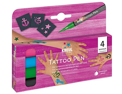 KREUL 62171 - Tattoo Pen Set, 4 Stifte und 3 Schablonen, Kosmetiktinte auf Wasserbasis, hält bis zu 5 Tage, dermatologisch getestet, vegan, parabenfrei von Kreul
