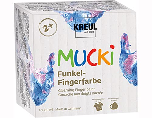 KREUL 2318 - Mucki schimmernde Funkel - Fingerfarbe, 4 x 150 ml in rosa, blau, silber und gold, parabenfrei, glutenfrei, laktosefrei und vegan, auswaschbar, vermalbar mit Pinsel, Schwamm und Fingern KREUL 2318 - Mucki schimmernde Funkel - Fingerfarbe, 4 x 150 ml in rosa, blau, silber und gold, parabenfrei, glutenfrei, laktosefrei und vegan, auswaschbar, vermalbar mit Pinsel, Schwamm und Fingern von Kreul