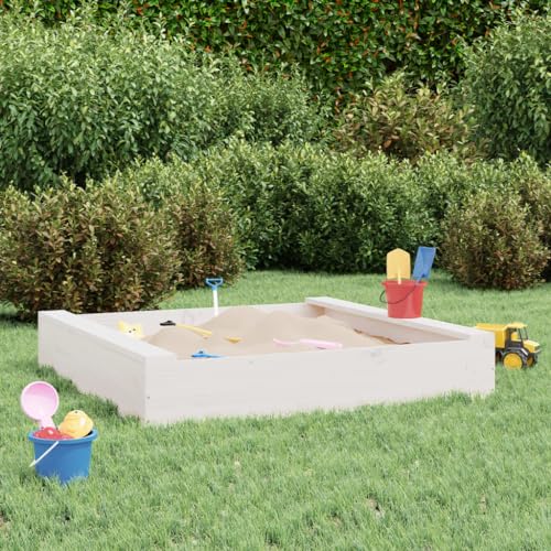 Sandkasten für Kinder, Garten-Set, Sandkasten mit Sitzen, quadratisch, massives Kiefernholz, Weiß, Set für Kinder von 3-8 Jahren für Patio Garten von KRHINO