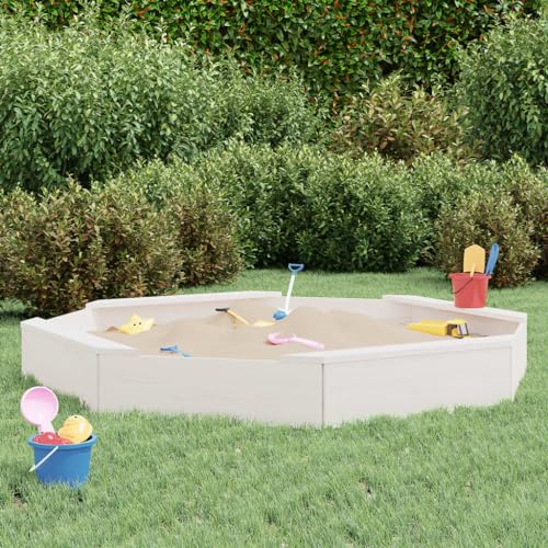 Sandkasten für Kinder, Garten-Set, Sandkasten mit achteckigen Sitzen, massives Kiefernholz, weiß, Set für Kinder von 3-8 Jahren für Patio Garten von KRHINO