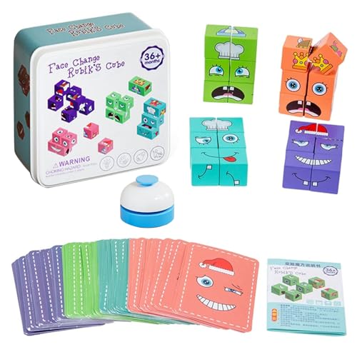Würfelpuzzle Holz Ausdruck Holzpuzzle Gesichter Puzzle Bauwürfel 3D Puzzle Face Changing Magic Cube Magische Gesicht Bausteine Würfelpuzzle Montessori Spielzeug Blöcke Holz Lernset von KRISFD