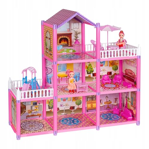 KRUMAD Puppenhaus mit 3 Etagen 129-teilig, inkl. 2 Puppen, Puppenhaus Möbel, Zubehör, Spielhaus mit Rutsche, Terrassen und Möbelset, Kreatives Spielzeug ab 3 Jahren Mädchen Kinder von KRUMAD