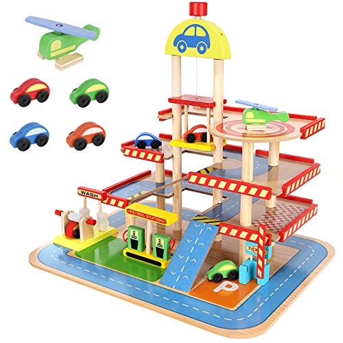 KRUZZEL Parkhaus für Kinder 3-Ebene Auto Garage aus Holz für Kinder über 3 Jahren - Set enthält 4 Autos, Hubschrauber - Parkgarage für Kinder Garage - Rollenspielzeug 22446 KRUZZEL Parkhaus für Kinder 3-Ebene Auto Garage aus Holz für Kinder über 3 Jahren - Set enthält 4 Autos, Hubschrauber - Parkgarage für Kinder Garage - Rollenspielzeug 22446 von KRUZZEL