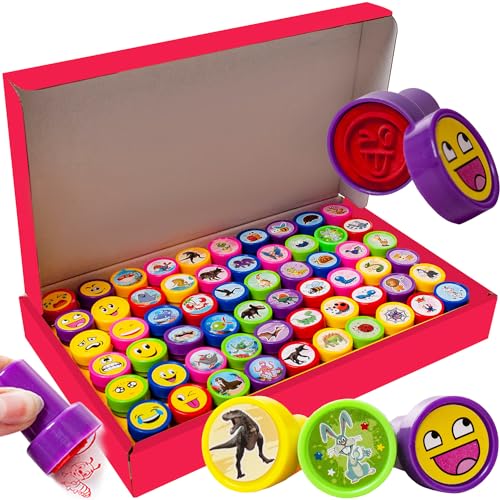 KRUZZEL 60 Stück Stempelset aus Plastik für Kinder Selbstfärbende Tiere Dinosaurier Smiley Spielzeugstempel Belohnung 22388 von KRUZZEL