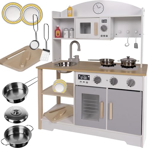 KRUZZEL Kinderküche Weiß/Beige/Grau - Spielküche Zubehör Lehrreich - Essensspielzeug für Jungen und Mädchen ab 3 Jahren - Realistischen Details Mit Wasserhahn, Kühlschrank, Mikrowelle, Backofen 21933 KRUZZEL Kinderküche Weiß/Beige/Grau - Spielküche Zubehör Lehrreich - Essensspielzeug für Jungen und Mädchen ab 3 Jahren - Realistischen Details Mit Wasserhahn, Kühlschrank, Mikrowelle, Backofen 21933 von KRUZZEL