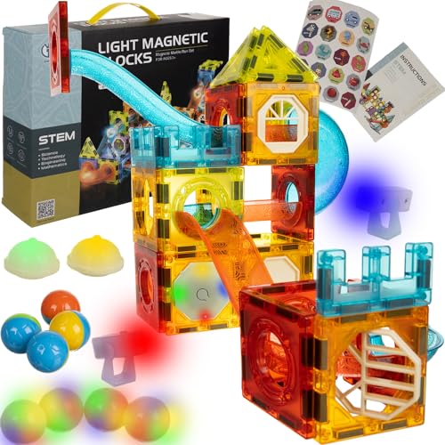 KRUZZEL Magnetbausteine 83 Elemente Bauklötze Leuchtende Kugel Kinderspielzeug für Mädchen & Junge Montessori 22684 von KRUZZEL
