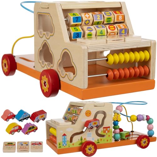 Spielzeugautosortierer aus Holz 7 in 1 Auto mit Abakus Zahlen Formensortierer Montessori Lernspielzeug für Kleinkinder 22652 von KRUZZEL