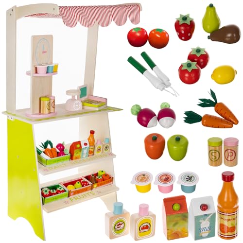 Marktstand Kinder aus Holz mit Markise und Zubehör 25 Teile Gemüse Obst Lebensmittel Kasse Waage Tafel Kaufmannsladen 24888 Marktstand Kinder aus Holz mit Markise und Zubehör 25 Teile Gemüse Obst Lebensmittel Kasse Waage Tafel Kaufmannsladen 24888 von KRUZZEL