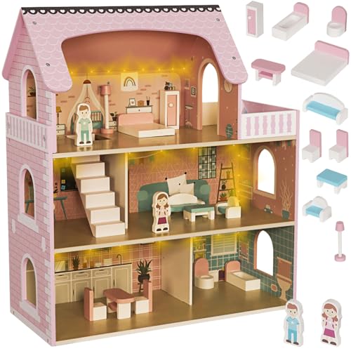 Puppenhaus aus Holz XXL 70 cm mit LED-Beleuchtung & Möbeln – 3 Etagen / 5 Zimmer + Balkon – Komplett-Set, sicher & robust – für Kinder ab 3 Jahren – KRUZZEL (27×62×70 cm) von KRUZZEL