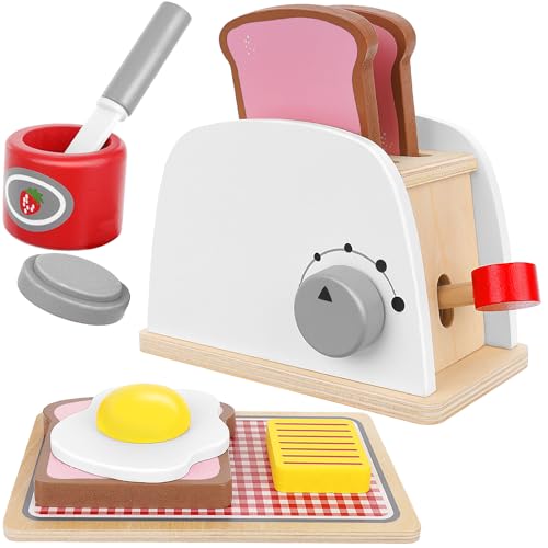 Realistischer Spielzeugtoaster mit Hebel + Frühstückszubehör Toastscheiben Spiegelei Marmelade Käse Messer Servierplatte für Kleinkinder Set 8 Teile aus Holz 22435 von KRUZZEL