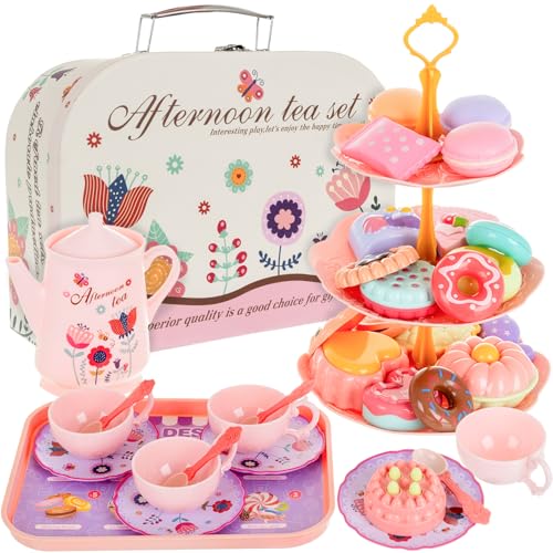 Teeservice Kinder mit Koffer – Spielzeug Geschirr aus Kunststoff – 3-stöckige Etagere, Teekanne, Tassen, Teller, Löffel & Kuchen – Rollenspiel-Set für Mädchen ab 3 Jahren – Kruzzel von KRUZZEL