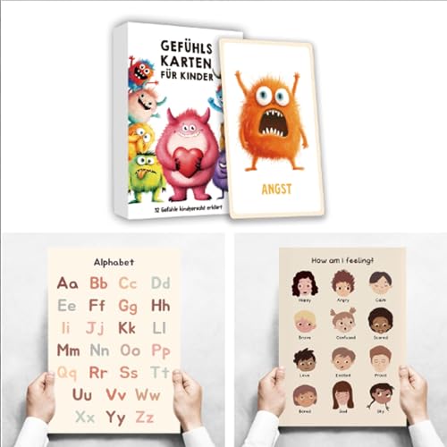 Gefühlskarten für Kinder, 34 Emotionen Lernkarten Set mit ABC Poster, Gefühlsmonster Karten für Kindergarten und Grundschule, Geschenke zur Einschulung für Jungen und Mädchen von KRYMXAR