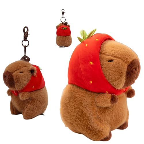 KRYMXAR Capybara Plüschtier mit Erdbeer-Design und Schlüsselanhänger Set, Süßes Stofftier für Rucksack, Sammlerstück, Braun-Rot von KRYMXAR