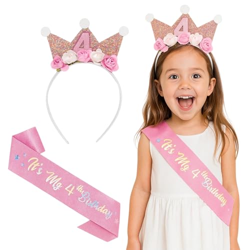 KRYMXAR Geburtstagskrone Mädchen 4 Jahre, 2er Set mit Glitzerband, Geburtstagsdeko für Mädchen, Partyzubehör für Geburtstagsfeiern von KRYMXAR