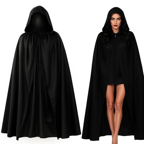 Schwarzer Umhang Mit Kapuze, Mittelalter Umhang Damen Und Herren, Langer Schwarzer Umhang Für Halloween Und Cosplay, 160 cm Länge von KRYMXAR