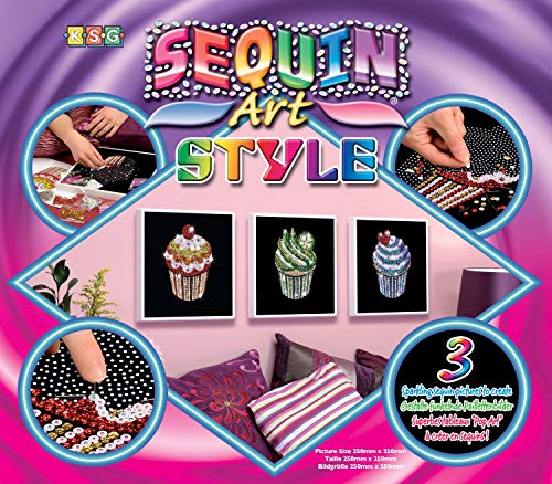 MAMMUT 8081204 - Sequin Art Style 3 Paillettenbilder Cupcakes, Bastelset mit 3 Styropor-Rahmen, 3 samtige Bildvorlagen, Pailletten, Steckstiften, Anleitung, für Kinder ab 8 Jahre von Mammut Spiel & Geschenk