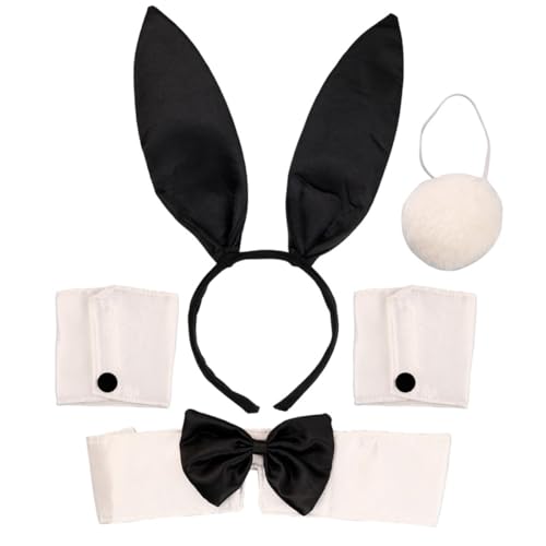KSJEHW 5 Stück Damen Bunny Kostüm Set Hasenohren Stirnband Kragen Fliege Kostüm Manschetten Hasenschwanz für Osterparty(Schwarz) von KSJEHW