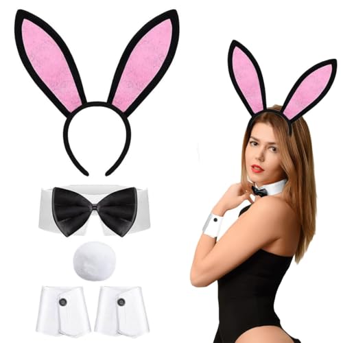 KSJEHW 5 Stück Hasenohren Kostüm, Bunny Kostüm Frauen, Hasenohren Stirnband Kragen Fliege Kostüm Manschetten Hasenschwanz für Osterparty(Rosa) von KSJEHW
