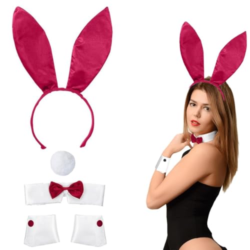 KSJEHW 5 Stück Hasenohren Kostüm, Bunny Kostüm Frauen, Hasenohren Stirnband Kragen Fliege Kostüm Manschetten Hasenschwanz für Osterparty(rot) von KSJEHW