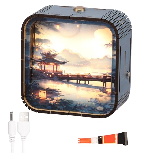 Nachtlicht Erwachsene 9 x 9 x 4,5 cm Touch-Taste Lasergravur Ultra Robust Wärme und Eleganz Holzpuzzle für Erwachsene und Kinder USB-Ladekabel Kante Symmetrisch Glatt (Blau) von KTCINA