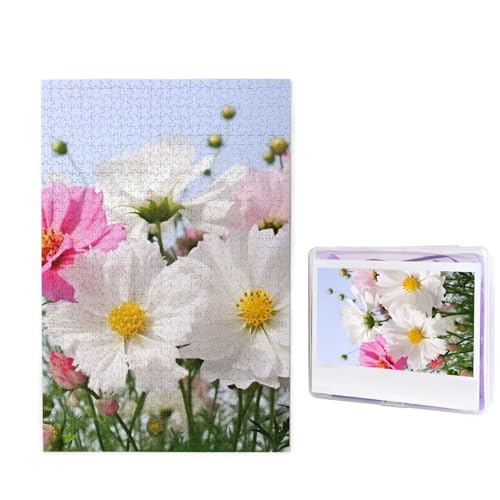 1000-teiliges Puzzle für Erwachsene, herausforderndes Puzzle für Spieleabende, Holzpuzzle, personalisierte Holz-Puzzles für Familie, rosa und weiße Blumen, Bildpuzzles, fertige Größe 74,9 x 50 cm von KTHSNSKL
