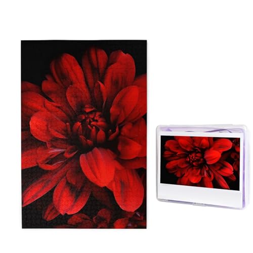 1000-teiliges Puzzle für Erwachsene, herausforderndes Puzzle für Spieleabende, Holzpuzzle, personalisierte Holz-Puzzles für Familie, rote Dahlie auf schwarzem Bild, Puzzle, fertige Größe 74,9 x 50 cm von KTHSNSKL