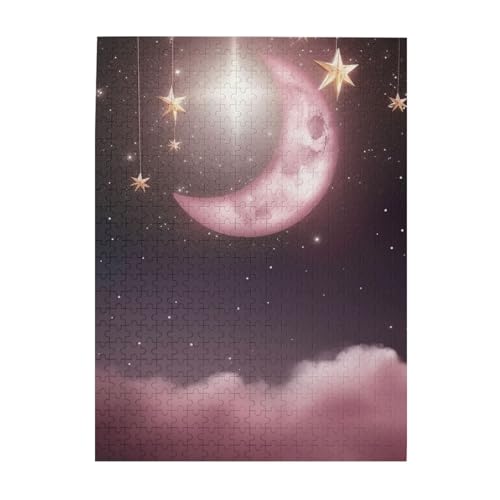 500-teiliges Puzzle für Erwachsene, herausfordernde Puzzles für Spieleabende, Holzpuzzle, personalisierbar, individuelle Holzpuzzles für Familie, Mond, rosa Sterne, Bildpuzzles, fertige Größe 51,8 x von KTHSNSKL