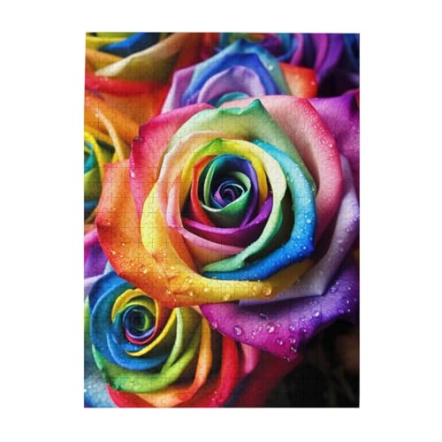 500-teiliges Puzzle für Erwachsene, herausfordernde Puzzles für Spieleabende, Holzpuzzle, personalisierbar, individuelle Holzpuzzles für Familie, Regenbogenrose, Bildpuzzles, fertige Größe 51,8 x 38,1 von KTHSNSKL