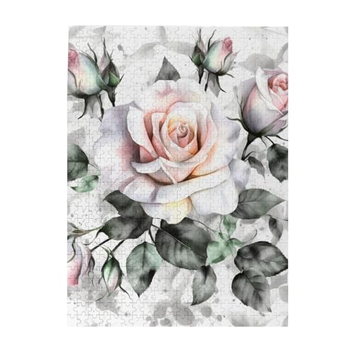 500-teiliges Puzzle für Erwachsene, herausfordernde Puzzles für Spieleabende, Holzpuzzle, personalisierbar, individuelle Holzpuzzles für Familie, weißes Aquarell, florales Rosenbild, fertige Größe von KTHSNSKL