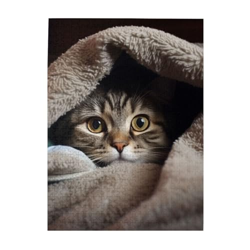 500-teiliges Puzzle für Erwachsene, herausfordernde Puzzles für Spieleabende, Holzpuzzle, personalisierte Holzpuzzles für Familie, Katze, unter Decke, Bildpuzzles, fertige Größe 51,8 x 38,1 cm von KTHSNSKL