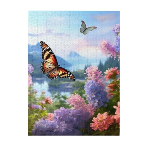 500-teiliges Puzzle für Erwachsene, herausfordernde Puzzles für Spieleabende, Holzpuzzle, personalisierte Holzpuzzles für Familie, Schmetterlings-Garten, Bildpuzzles, fertige Größe 51,8 x 38,1 cm von KTHSNSKL