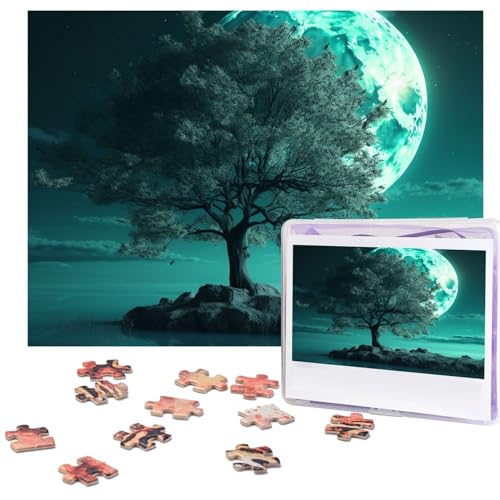 500-teiliges Puzzle für Erwachsene, herausforderndes Puzzle für Spieleabende, Holzpuzzle, personalisierbar, benutzerdefinierte Holz-Puzzles für Familie, Blaugrün, Baum im Mondlicht, Bilderpuzzles von KTHSNSKL