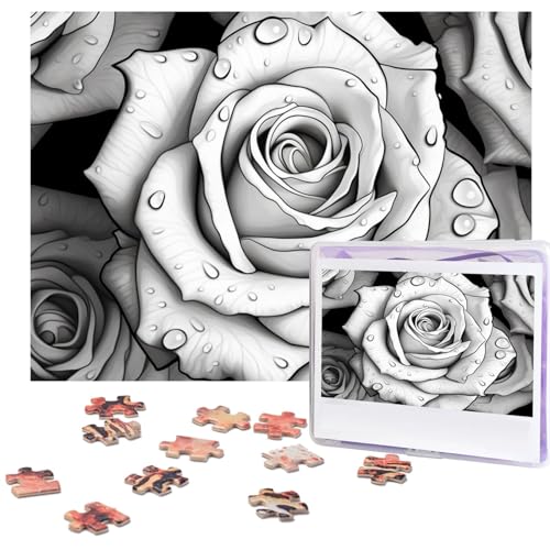 500-teiliges Puzzle für Erwachsene, herausforderndes Puzzle für Spieleabende, Holzpuzzle, personalisierbar, individuelle Holz-Puzzles für Familie, schwarz-weiße Rose, Bildpuzzles, fertige Größe 51,8 x von KTHSNSKL