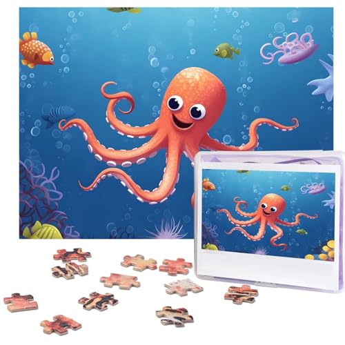 500-teiliges Puzzle für Erwachsene, herausforderndes Puzzle für Spieleabende, Holzpuzzle, personalisierte Holz-Puzzles für Familie, Cartoon-Oktopus-Fisch, Bilderpuzzles, fertige Größe 51,8 x 38,1 cm von KTHSNSKL
