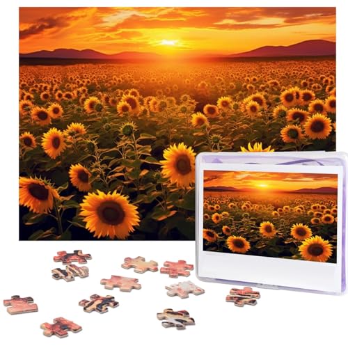 500-teiliges Puzzle für Erwachsene, herausforderndes Puzzle für Spieleabende, Holzpuzzle, personalisierte Holz-Puzzles für Familie, Sonnenblumenfeld, Sonnenuntergang, Bildpuzzles, fertige Größe 51,8 x von KTHSNSKL