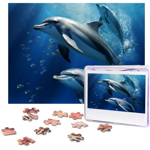500-teiliges Puzzle für Erwachsene, herausforderndes Puzzle für Spieleabende, Holzpuzzle, personalisierte Holz-Puzzles für Familie, niedliche Delfine, Bilderpuzzles, fertige Größe 51,8 x 38,1 cm von KTHSNSKL