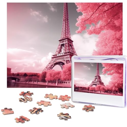 500-teiliges Puzzle für Erwachsene, herausforderndes Puzzle für Spieleabende, Holzpuzzle, personalisierte Holz-Puzzles für Familie, rosa Landschaft, Eiffelturm, Bildpuzzles, fertige Größe 51,8 x 38,1 von KTHSNSKL